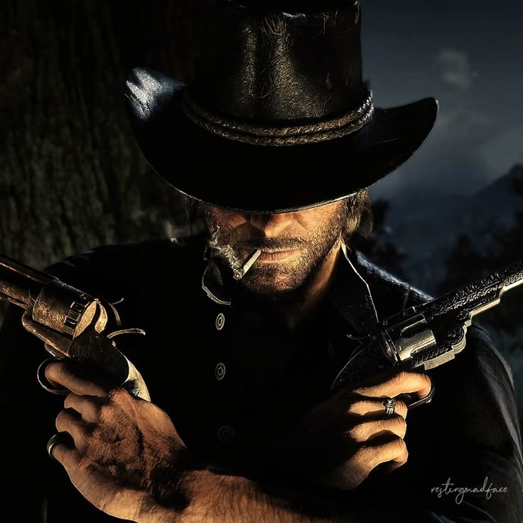Arthur Morgan with twin revolvers under a moonlit sky