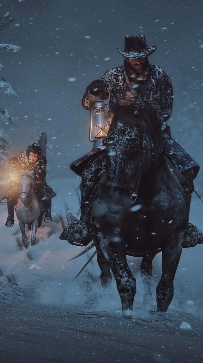 Arthur Morgan riding through the snow at night